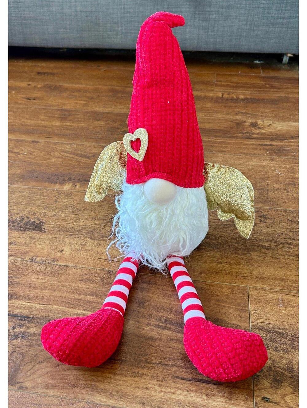 Festive Red Gnome Decoration with Gold Wings and Heart Accent